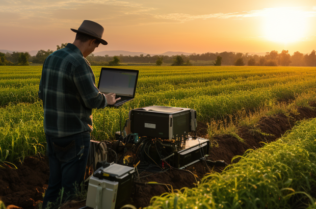 Man in a field, operating a computer and tech equipment.