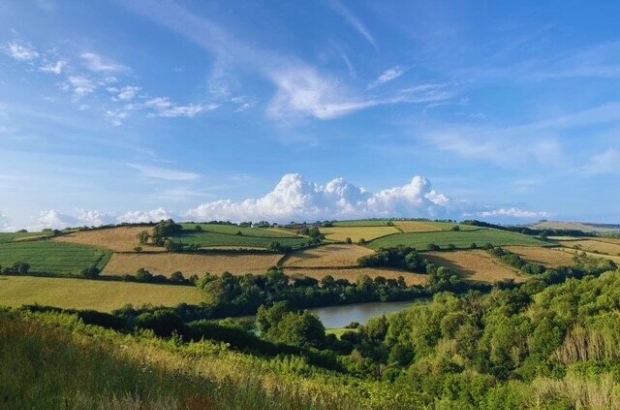 South Devon National Landscape. A patchwork of fields under blue skies.