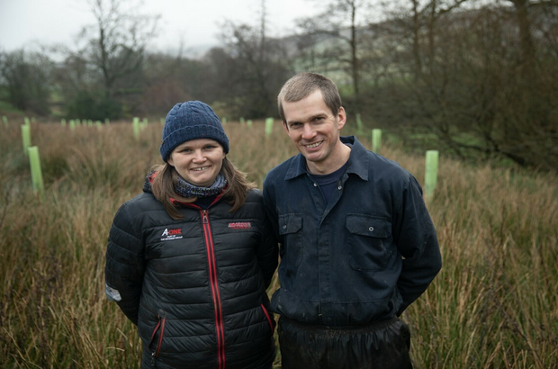 Amanda and Mark Smith in front of their newly planted beck-side woodland on Woodhead Farm 