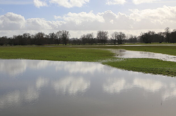 A flooded field. Half the photograph shows the flooded field with the reflection of the sky mirrored in it. Green fields and bare trees are in the background.