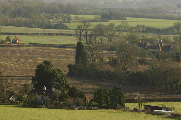 Countryside scene, taken in Kent of oast houses and farmland 