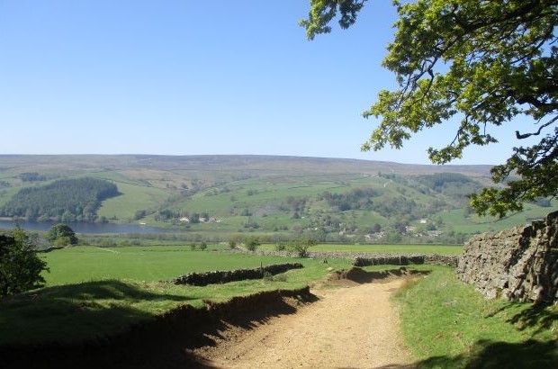 A rural dirt track winds through green fields with dry stone walls on either side, leading towards a distant village nestled in a lush valley. Rolling hills and a large reservoir or lake can be seen in the background under a clear blue sky, with tree branches framing the top right of the scene