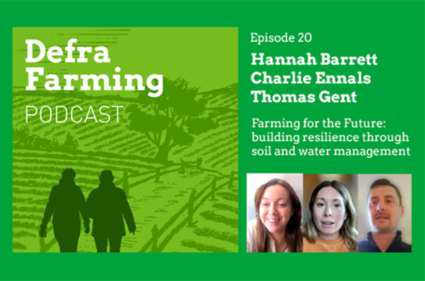Green background with illustrated farmland and silhouettes of two people walking, alongside text naming speakers Hannah Barrett, Charlie Ennals and Thomas Gent, and three small speaker headshots.