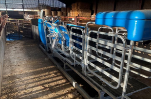 A row of blue plastic tanks and metal rails installed inside a farm building, arranged along a handling system, with slatted flooring and stacked materials visible in the background.